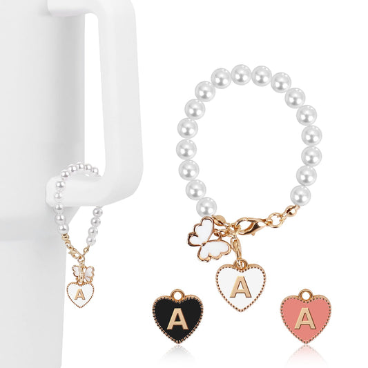 3PCs Letter Charm Accessories for Stanley Cup, ID Initial Personalized Handle for Stanley/Simple Modern Tumbler 30 40oz, Pearl Chain Butterfly Decor With 3 Charms Replacement (A)