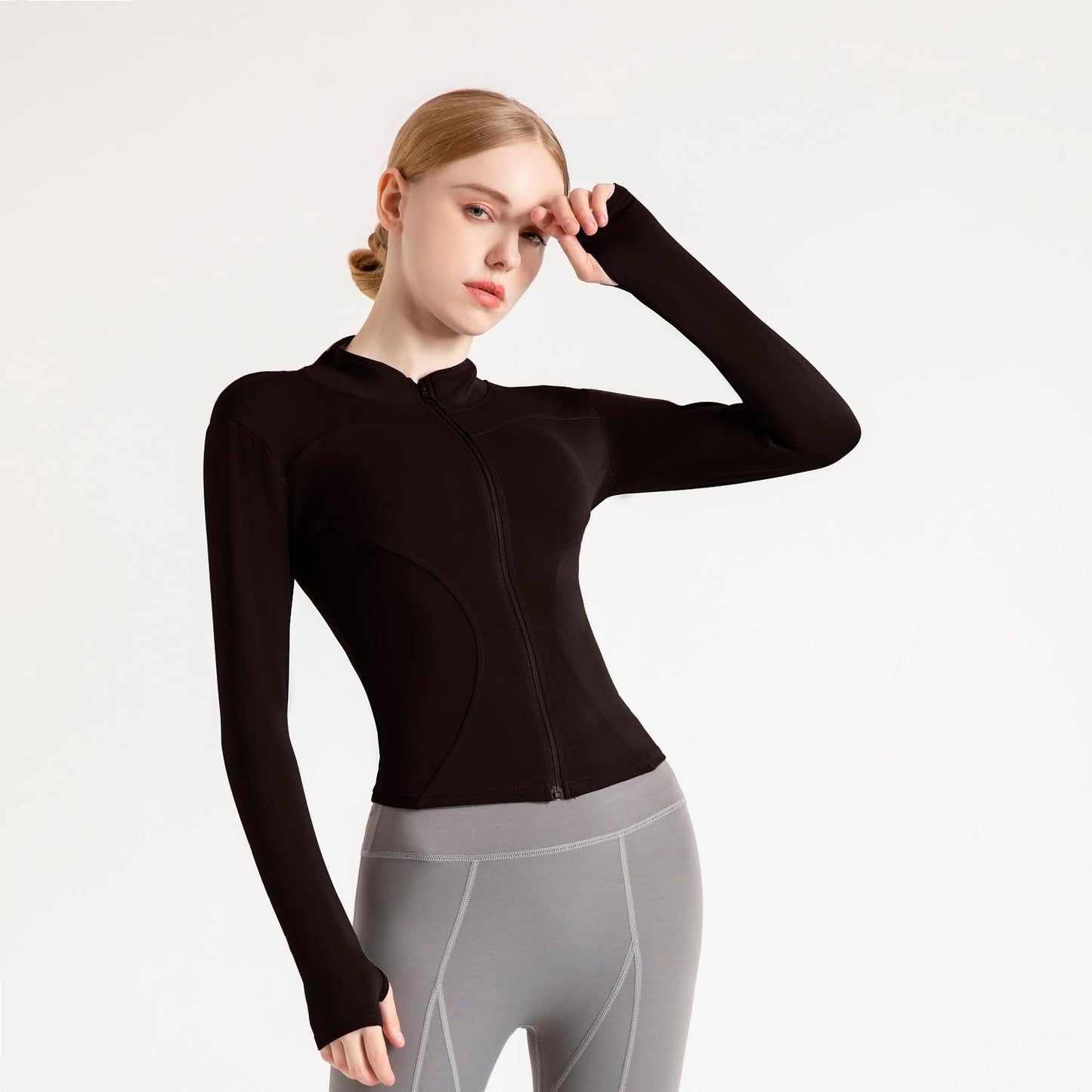Ncvtang Women's Cropped Lightweight Stretchy Running Track Jackets Full Zip Slim Fit Athletic Tops with Thumb Holes(Coffee,S)