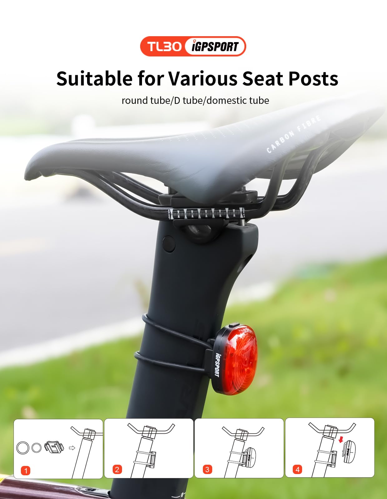 iGPSPORT TL30 Smart Rear Bike Light, Bluetooth 6 Modes Rechargeable 50H Run Time IPX7 Waterproof Bicycle Tail Light