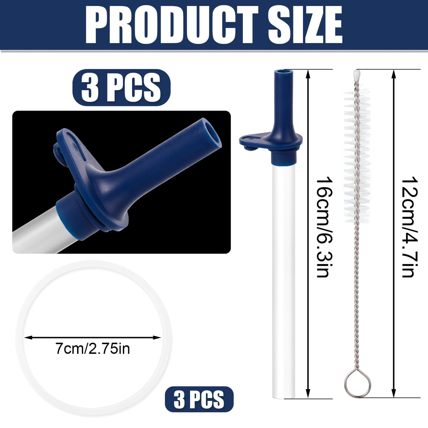 3pcs Replacement Straws with Bite Valve for Zak Designs Kelso Kids 15oz, BPA Free Reliable Straw Cup Accessories with Zak Designs and Reusable Gaskets Brush for Water Bottles (Deep Blue)