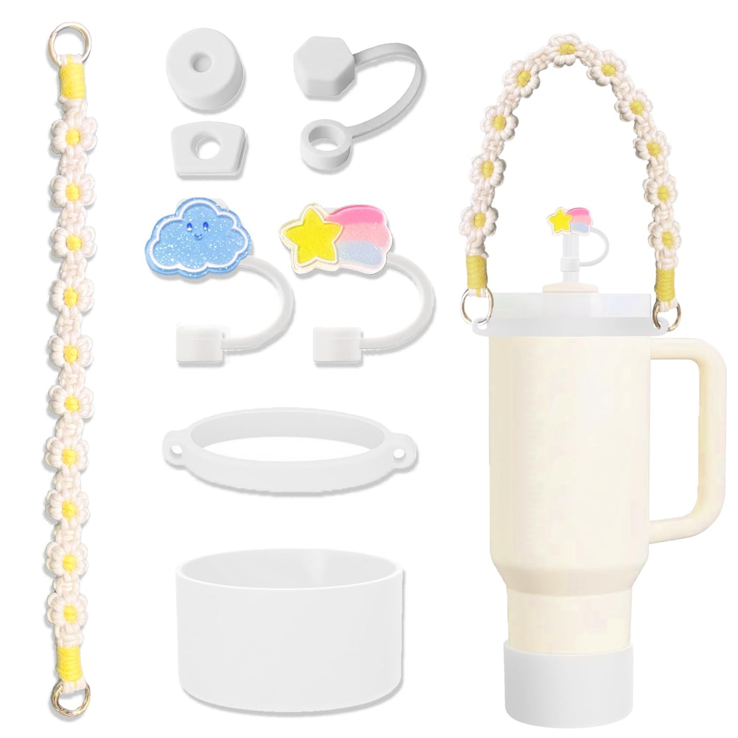 Fabenyok 8PCS Cup Accessories Set for Stanley 30oz & 40oz Tumbler, Including Water Bottle Handle Strap, Boot, Spill Stopper Set, Straw Straw Cover Cap for Stanley Cup Accessories(White)