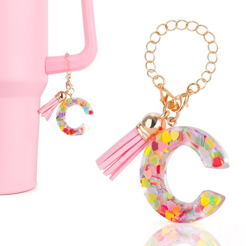 DECZHIYU Letter Charms Accessories for Stanley Cup, Initial C Charm for Stanley 30 40oz Tumbler with Letter&Tassel, Glitter Charms for Stanley Cup Accessories, Initial Keychain Gifts for Women