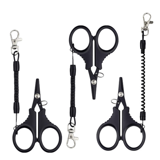 3 Pieces Fishing Scissors, Stainless Steel Fishing Line Cutter &braided Line Cutter, Cutters with Titanium Coating-Fishing with Hook and Retractable Coil Lanyards Fishing Accessories (Black)