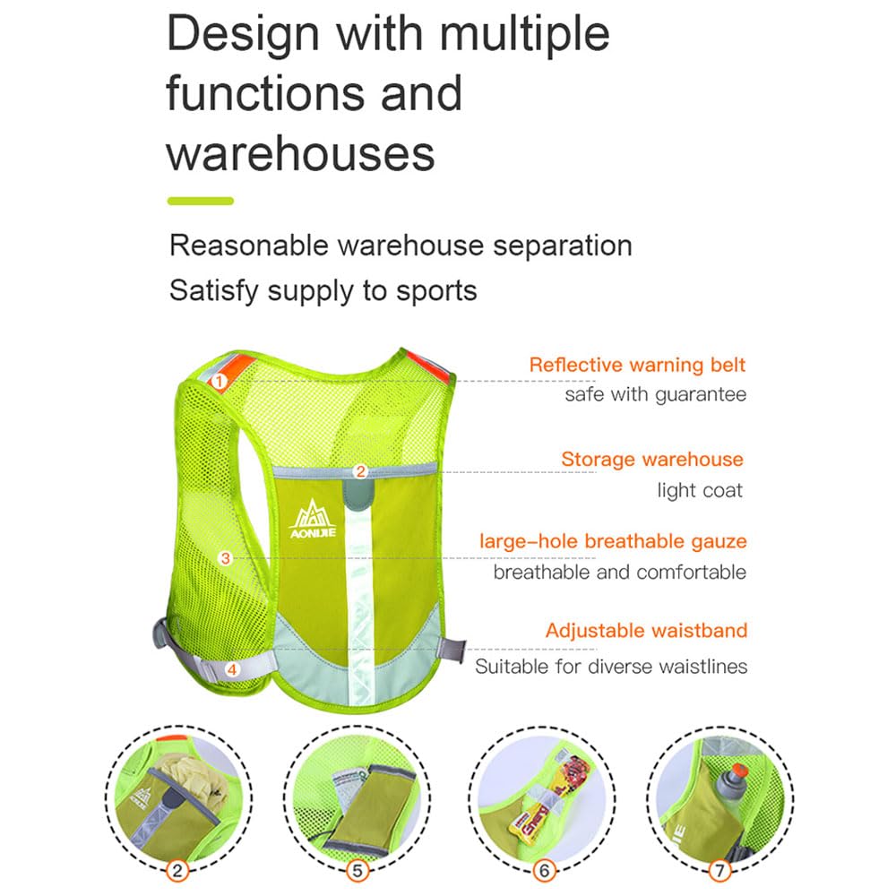 AONIJIE Reflective Running Vest Marathon Running Vest Pack Breathable for Hiking Camping Cycling Race (yellow with 2 * 250ml bottle)