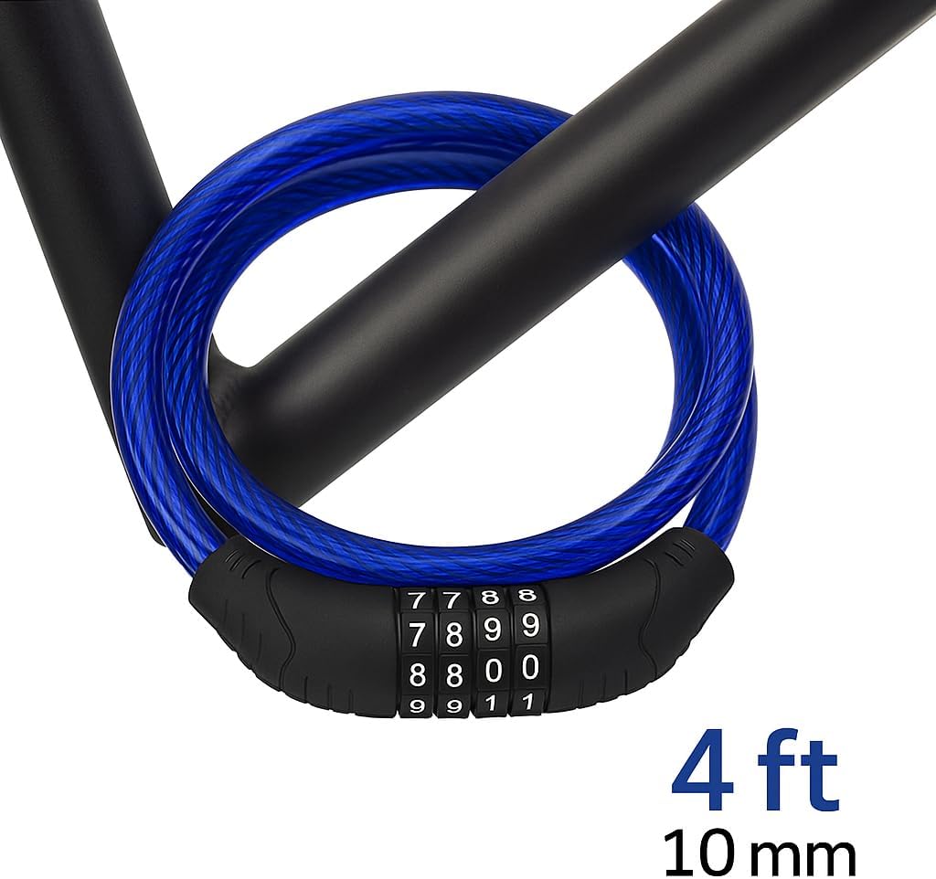 4 ft Steel Cable Bicycle Lock – 10mm PVC Coated, 4-Digit Resettable Combination for Bikes, Scooters, and Outdoor Use