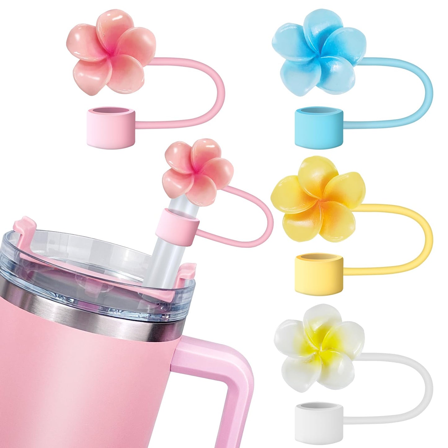 4 Pack Flowers Straw Cover for Stanley 40 30 Oz Cup Accessories - Summer Silicone Straw Covers Cap, Hawaii Topper Protector Lid Compatible With Water Bottle