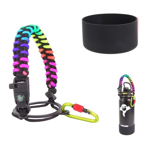 SPEQT Paracord Handle - Fits Wide Mouth Water Bottles Durable Carrier Strap Cord with Safety Ring,Compass and Carabiner Plus a Protective Silicone Boot (Rainbow)