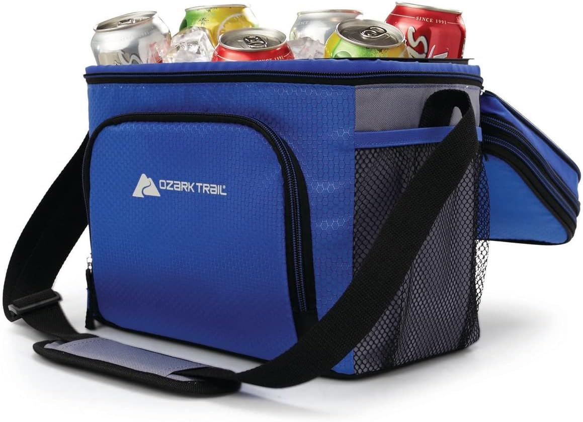 Ozark Trail 12 Can Cooler Bag Insulated Tote Hot/Cold Thermal, Expandable Top, Hard Plastic Liner, Shoulder Strap, for Lunch Work School Camping, Blue