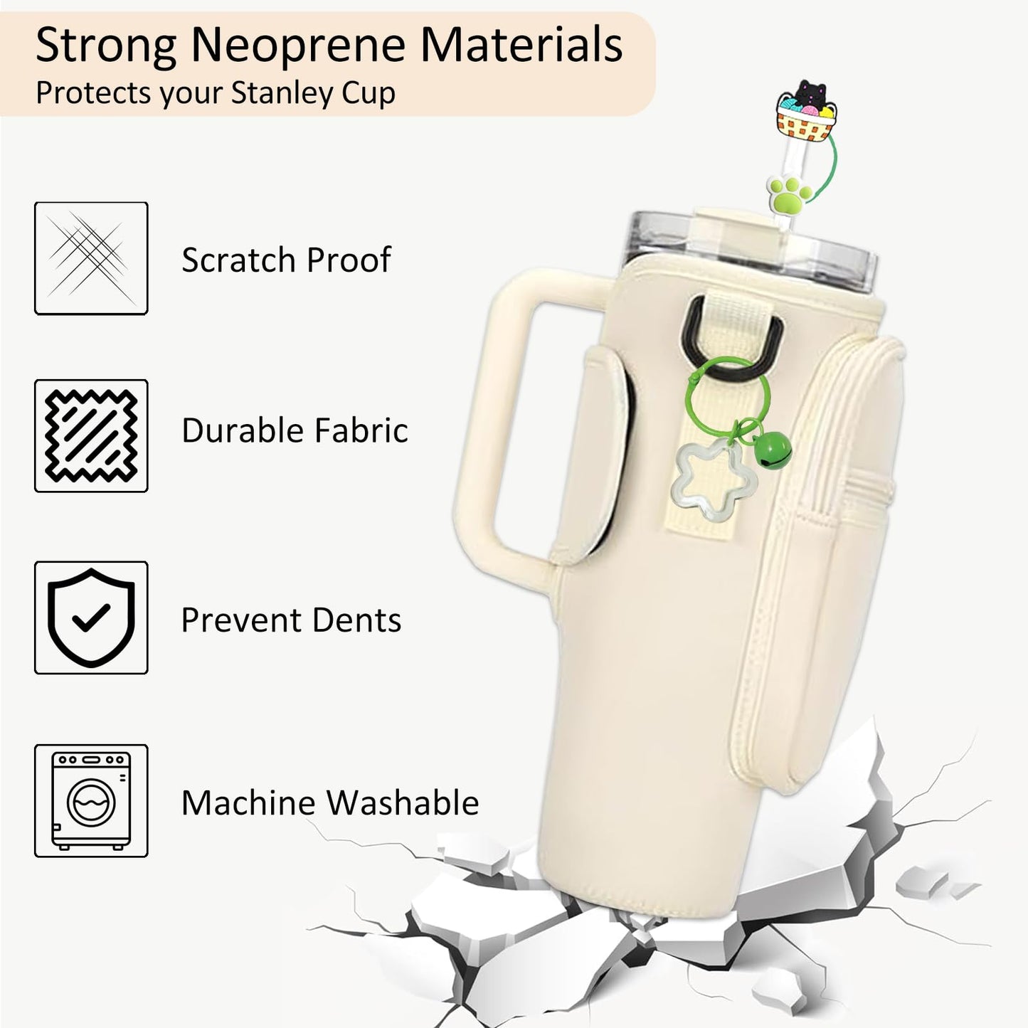 FYD Water Bottle Carrier Bag for Stanley 40oz Tumbler with Phone Pocket Neoprene Water Bottle Holder Pouch with Adjustable Strap, Straw Cover & Keychain for Stanley Cup Accessories (Beige)