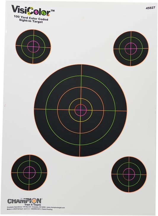 Champion Traps and Targets VisiColor Sight-In Target with 4 Extra Bulls (Pack of 10)