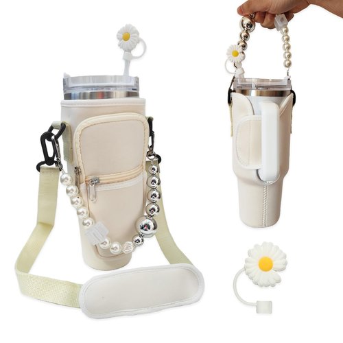Water Bottle Carrier Bag with 2 Cup Sling 1 Straw Cover for 40oz Stanley Crossbody holder, Water Bottle Holder Pocket tumbler carrier with strap for Stanley Cup Accessories (White)