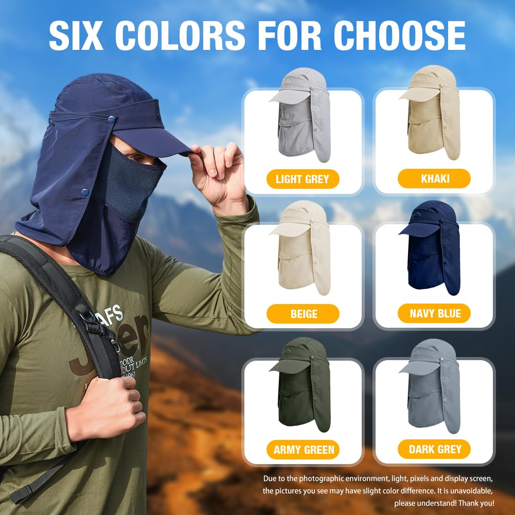 Fishing Hat Sun Cap Men Women Outdoor Hiking Hat with Removable Mesh Mask Neck Flap Cover, UPF 50+ for Sun Protection Light Grey