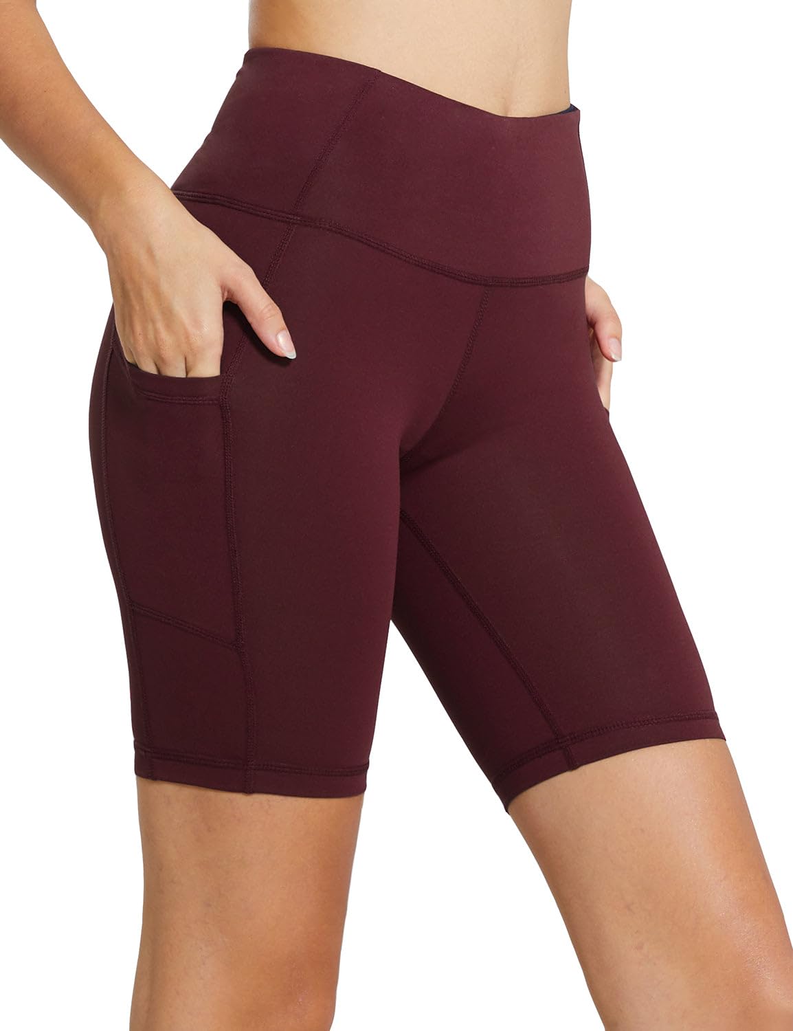 baleaf Biker Shorts Women Yoga Gym Workout Spandex Running Volleyball Tummy Control Compression with Pockets 8" Wine Red XXL