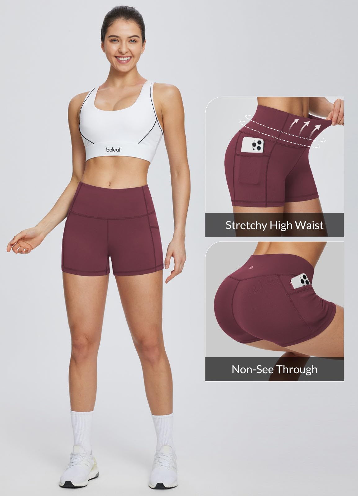 baleaf Gym Shorts Women 3" Biker Workout Yoga Spandex Running Volleyball Tummy Control Compression with Pockets Wine Red M