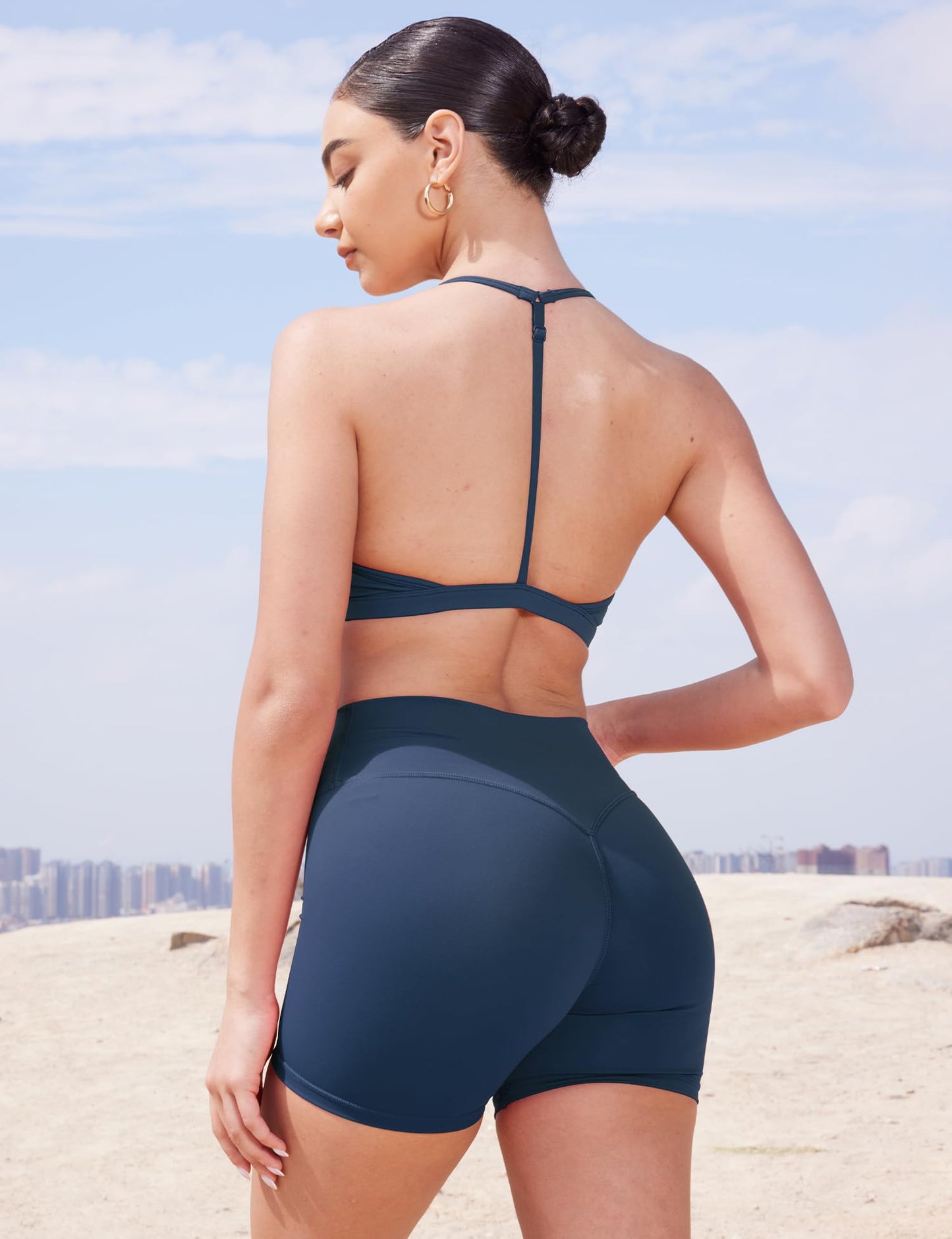 YEOREO Women's Biker Shorts 4.5" / 6" Workout Gym Shorts Craze High Waist Tummy Control Hidden Scrunch Running Yoga Navy Blue M