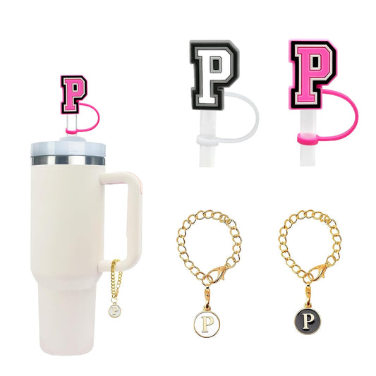 2PCS Straw Cover Cap for Stanley Cup 30&40 Oz 10mm Straw Toppers with 2PCS Initial Personalized Letter Charms for Stanley Tumbler (Letter P)