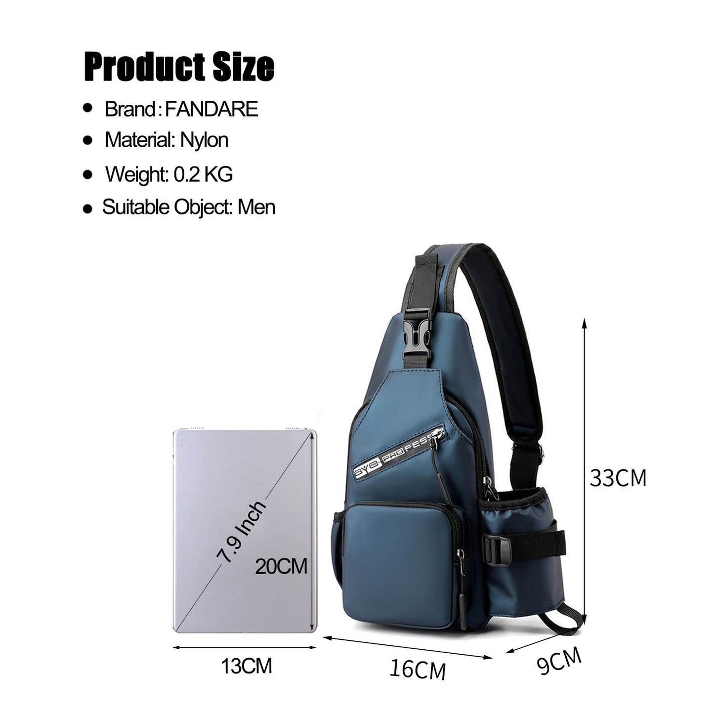 FANDARE Sling Bags Chest Shoulder Backpack Men Crossbody Bags Cover Pack Rucksack Crossbody Bag for Travel Hiking Bicycle Sport Gym Daypacks with water bottle holder Waterproof Nylon Blue