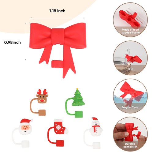 Silicone Straw Cover Cap Compatible with Stanley Cups 30 40 oz Toppers for Tumblers Reusable Dust Proof Straw Cover for 10mm Accessories (6pcs-Christmas)