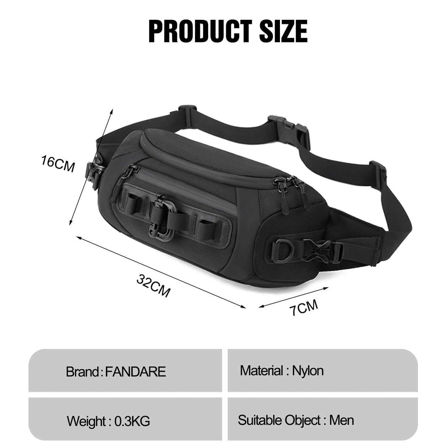 FANDARE Waist Fanny Pack Casual Sling Bag Sport Bumbags for Women Men Chest Crossbody Bags Cover Pack for Hiking Cycling Travelling Outdoor Gym Business Nylon Shoulder Pouch Black