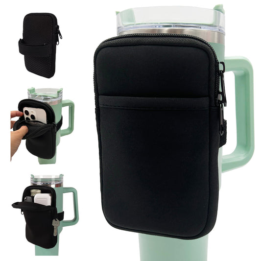 LMYUHONG Water Bottle Pouch for Stanley Cup Accessories 40oz 20oz 30oz,Tumbler Pouch with Versatile Pocket, for Cards, Keys,Earphone. Fits for Phones, Use for Running, Walking, Hiking & Biking,Black