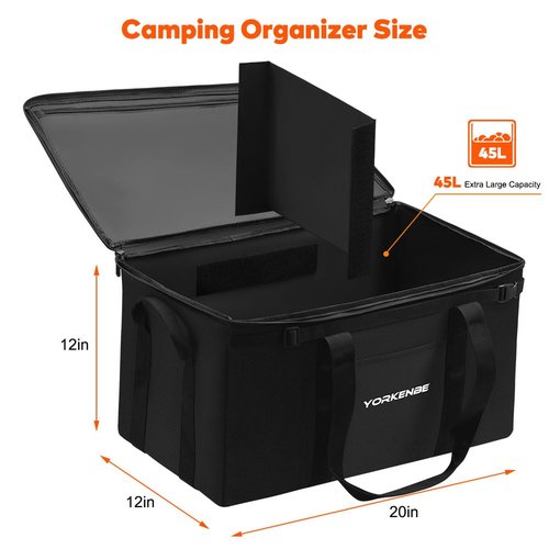 Yorkenbe 45L Camping Organizer, 1680D Heavy Duty Waterproof Camping Storage for Camping Cooking Utensils and Camping Cookware, with Hard Bottom, Camping Bag with Zippered Lid for RV, Hiking