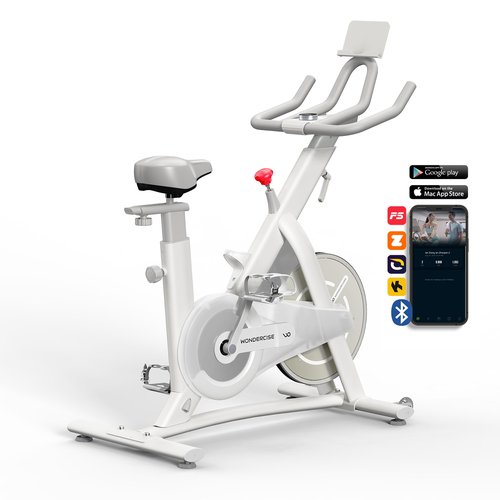 WONDER CORE Indoor Cycling Exercise Bike, WONDERCISE Bike - 13.2LB Flywheel, 32-Level Resistance, Silent Belt Drive, Bluetooth Connectivity, Tablet Holder, Adjustable Seat/Handlebars (White)