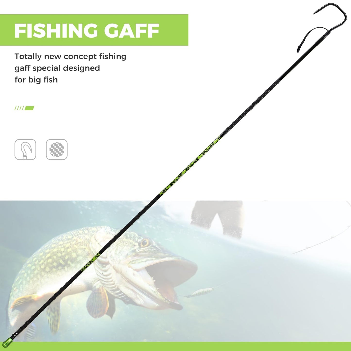 FISHAPPY Fishing Gaff Saltwater Fish Gaff with 4-Inch Stainless Steel Fishing Hook Solid Fiberglass Fishing Gaff 3'/ 4'8''/ 7' (4-Feet 8-Inch)