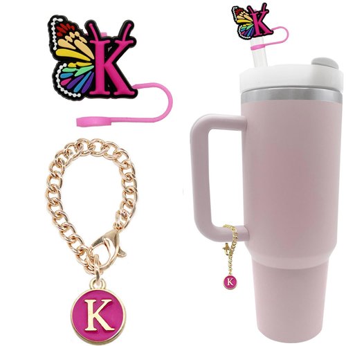 Tovly 10mm Straw Cover Cap for Stanley Cup 40&30 Oz Initial Butterfly Style Straw Topper with personalized Letter Charm Accessories for Stanley Tumbler (K)