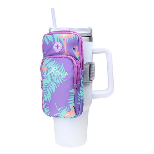 NELboNs Water Bottle Pouch Compatible with Stanley 18-40oz Tumblers Zipper Flamingo Pattern Pouch Bag for Gym Running Walking Armband to Hold Cellphone,Keys,Earphones,Chapstick or Cards,Purple/Large