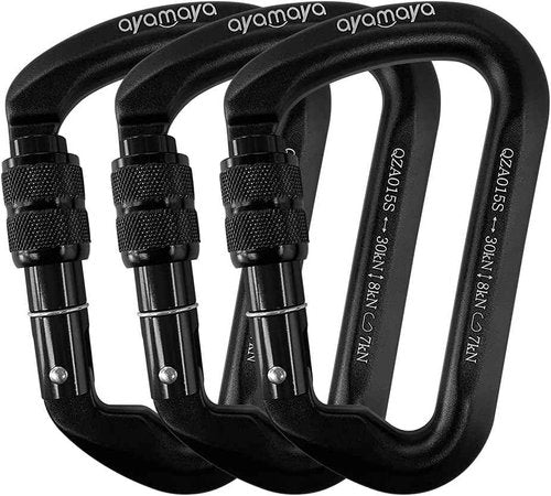 Heavy Duty Ayamaya Climbing Carabiners - 3 Pack Screwgate Locking 30KN for Rock Climbing & Rescue