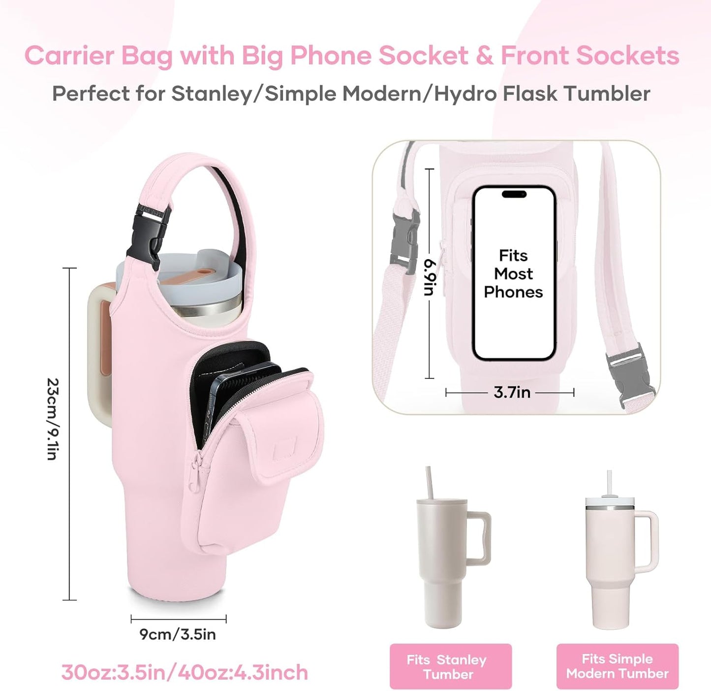Insulated Neoprene Carrier Bag for Stanley 40/30oz Tumbler | Phone & Flap Pockets