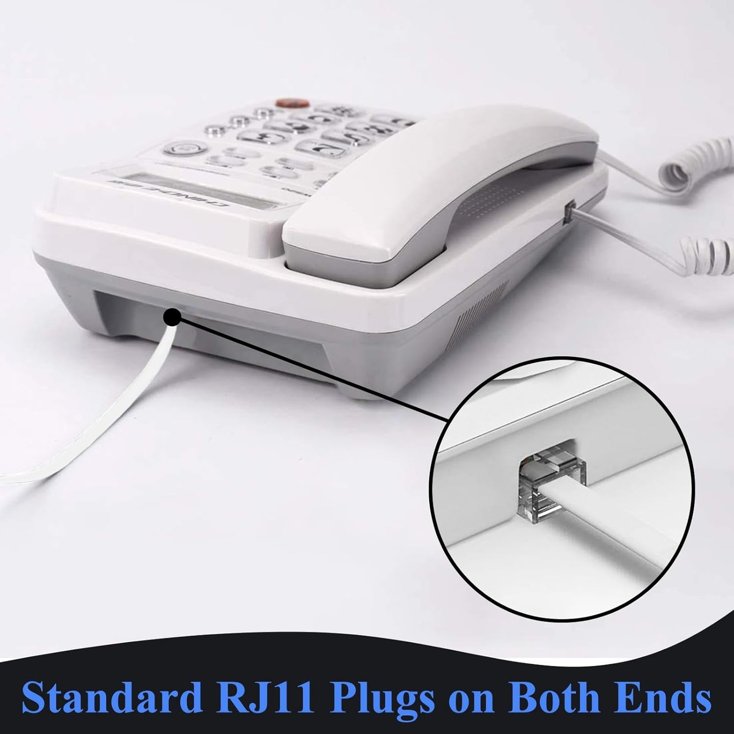 Phone Cord 15FT, Landline Telephone Cable with RJ11 Plug, Includes Telephone Inline Coupler RJ11 Splitter and 10pcs Cable Clips(White)