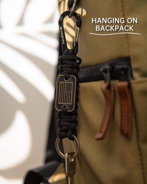 Paracord Keychain Carabiner with Cool USA Flag Men/Women, Military Braided Key Chain with Hook Clip Ring, Heavy Duty Key Lanyard for Car Keys/Backpack, Camping Hiking, 2-Pcs (2 * Black)