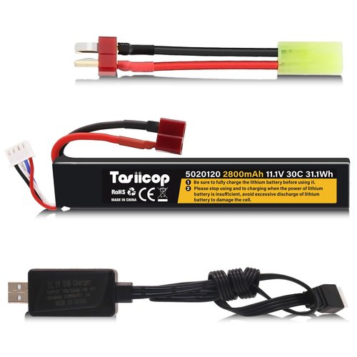 Tosiicop 11.1V Airsoft Battery 2800mAh - Lipo Batteries 30C & XH-4P Connector with T Plug to Mini Tamiya Conversion Cable Rechargeable USB Charger for Airsoft Model Rifle Gel Blaster Accessories