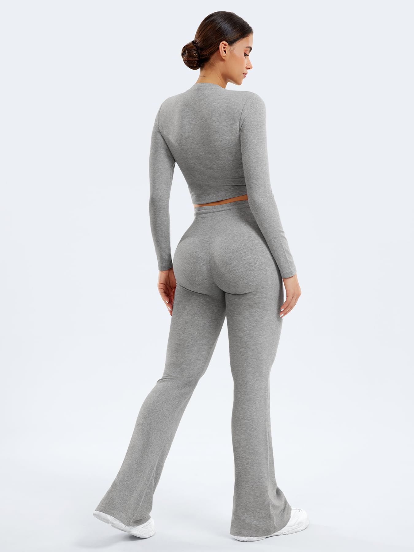 YEOREO Two Piece Sets for Women Long Sleeve Tops Lounge Set Drawstring Wide Leg Pants Ava Matching Slate Gray M