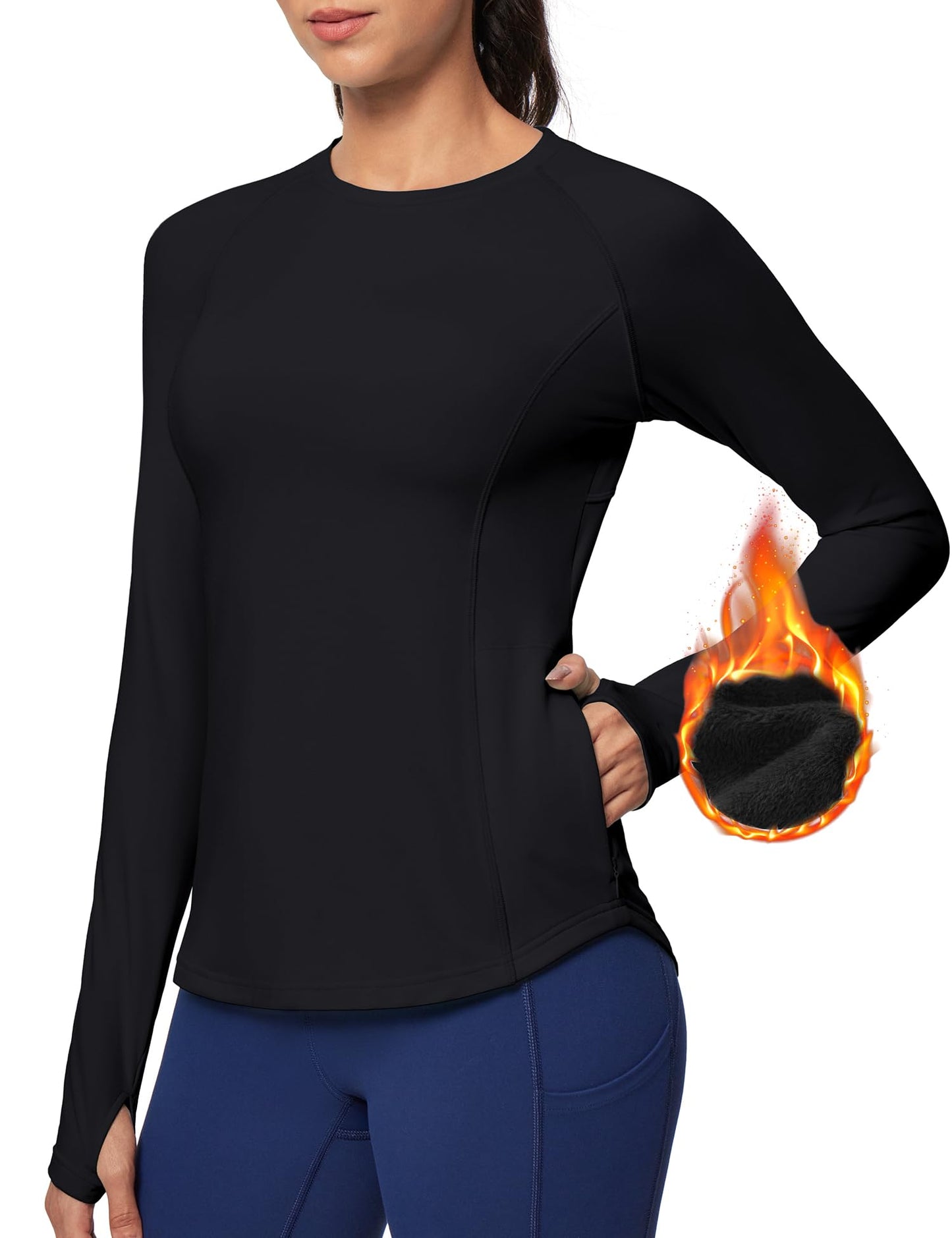 Ewedoos Thermal Shirts for Women Zipper Pocket Fleece Lined Long Sleeve Workout Tops Compression Running Hiking Ski Gear Black