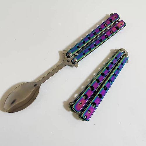 Butterfly Fork and Spoon Set 2 Pcs, Tactical Stainless Steel Folding Butterfly-Open Style, Camping Hiking Kitchen BBQ Grill Picnic Flatware Utensil (Colorful)