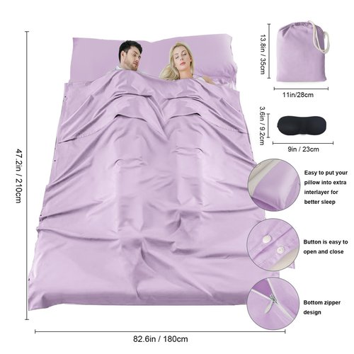 BREENHILL Cotton Sleeping Bag Liner，Double Camping Sheets & Travel Sheet Hostels & Traveling Sleep Sack for Backpacking, Hotels Lightweight Sleeping Bag Liners with Zipper Comfortable Purple