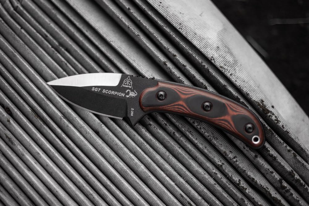Tops Knives SGT. Scorpion Full Tang Fixed Blade- Black Kydex Sheath w/Rotating Spring Steel Sheath Clip (Red/Black G10 Handle)