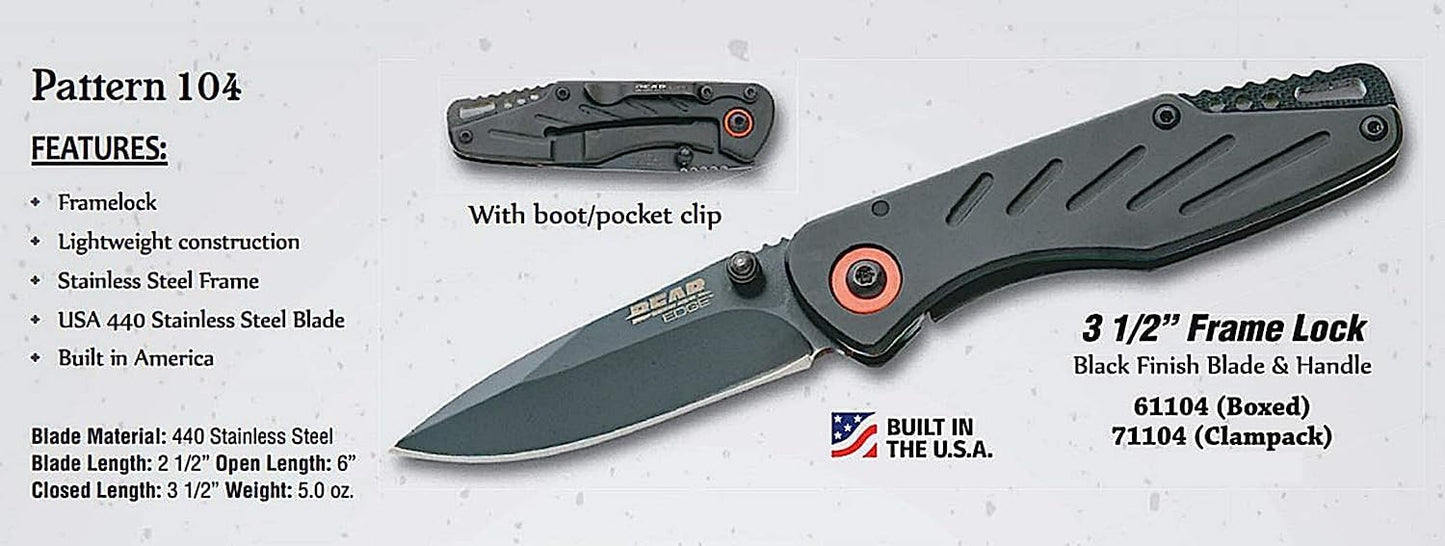 Bear Edge 3-3/8 in. Framelock Folding Knife, 440 High Carbon Stainless Steel Blade, Black Steel Handles, Assisted Opening and Pocket/Boot Clip (61104)