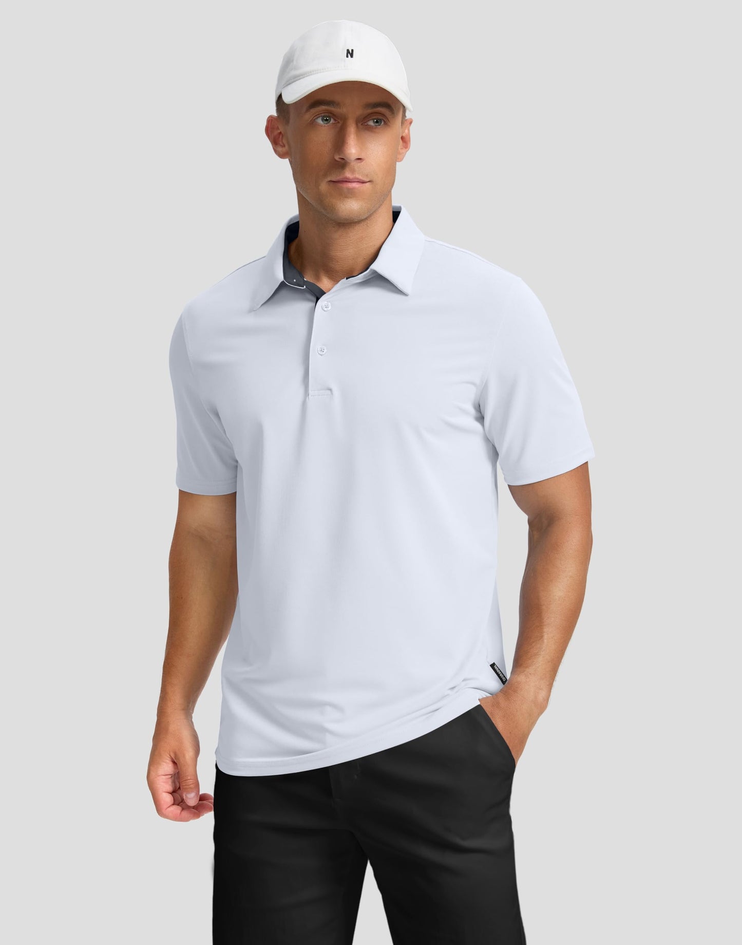 Men's Golf Shirts Dry Fit Moisture Wicking Performance Short Sleeve Collared Polo Shirts for Casual Tennis Bussiness (White, L)