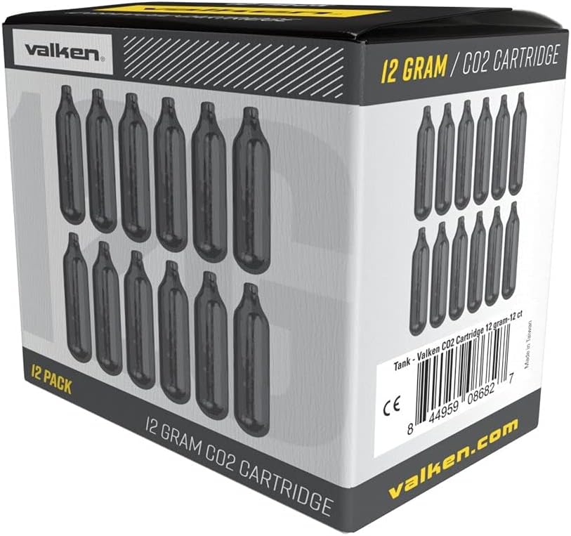 Valken 12gram Co2 Cartridge - 12 Count, Silver, (86827)