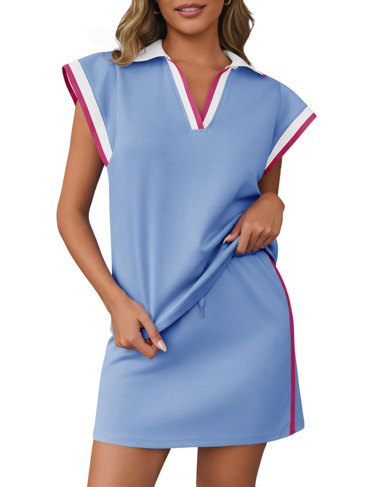 Fisoew Womens 2 Piece Skirt Set Summer Cap Sleeve Tops Matching Tennis Skirts Casual Color Block Vacation Outfits Lounge Sets
