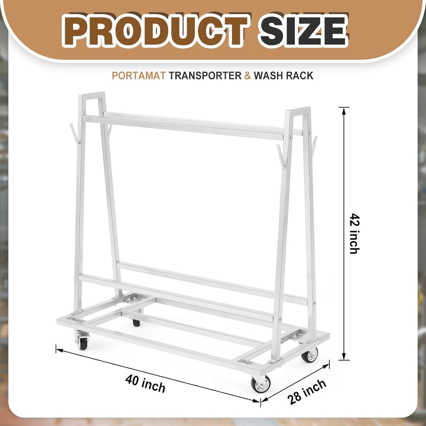 Portamat Transporter & Wash Rack Wash Rack and Mat Transporter Capacity Silver Steel Floor Mat Cart 42" L x 28" W x 40" H