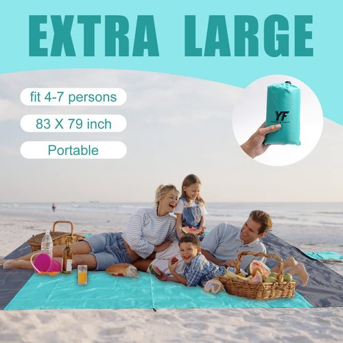 Yonge & Finch Large Beach Blanket Sandproof Heat-Resistent Beach Mat Machine Washable Camp Packable Pocket Blanket Waterproof Outdoor Blanket Fit 4-7 Persons 83 * 79inch Acid Blue
