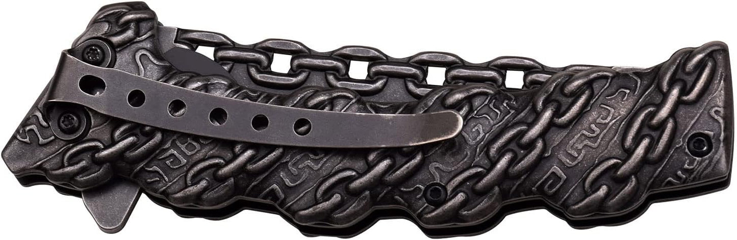 Tac-Force- Folding Pocket Knife –Stonewashed Finish Stainless Steel Blade and Handle with Sculpted Chain Link Design, Includes Pocket Clip, Tactical, EDC, Rescue - TF-859