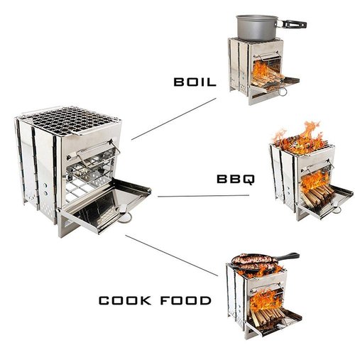 Camping Wood Burning Stove with Grill, Collapsible Backpacking Survival Rocket Stove Stainless Steel Campfire Stove for Outdoor Cooking Picnic Hiking BBQ (Sliver-Small)