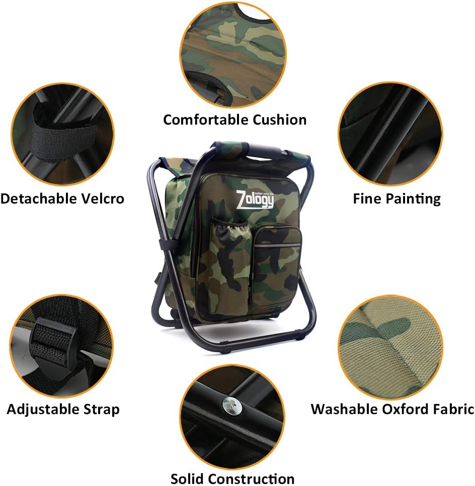Folding Camping Chair Stool Backpack with Cooler Insulated Picnic Bag, Hiking Camouflage Seat Table Bag Camping Gear, Outdoor Fishing Hunting Gifts for Men