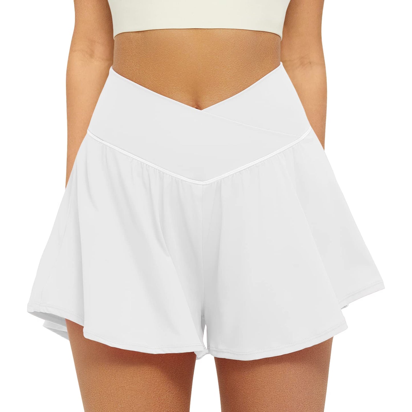 FireSwan Crossover Athletic Shorts for Women 2 in 1 Flowy Running Shorts with Pockets Spandex Butterfly Workout Tennis Skorts White