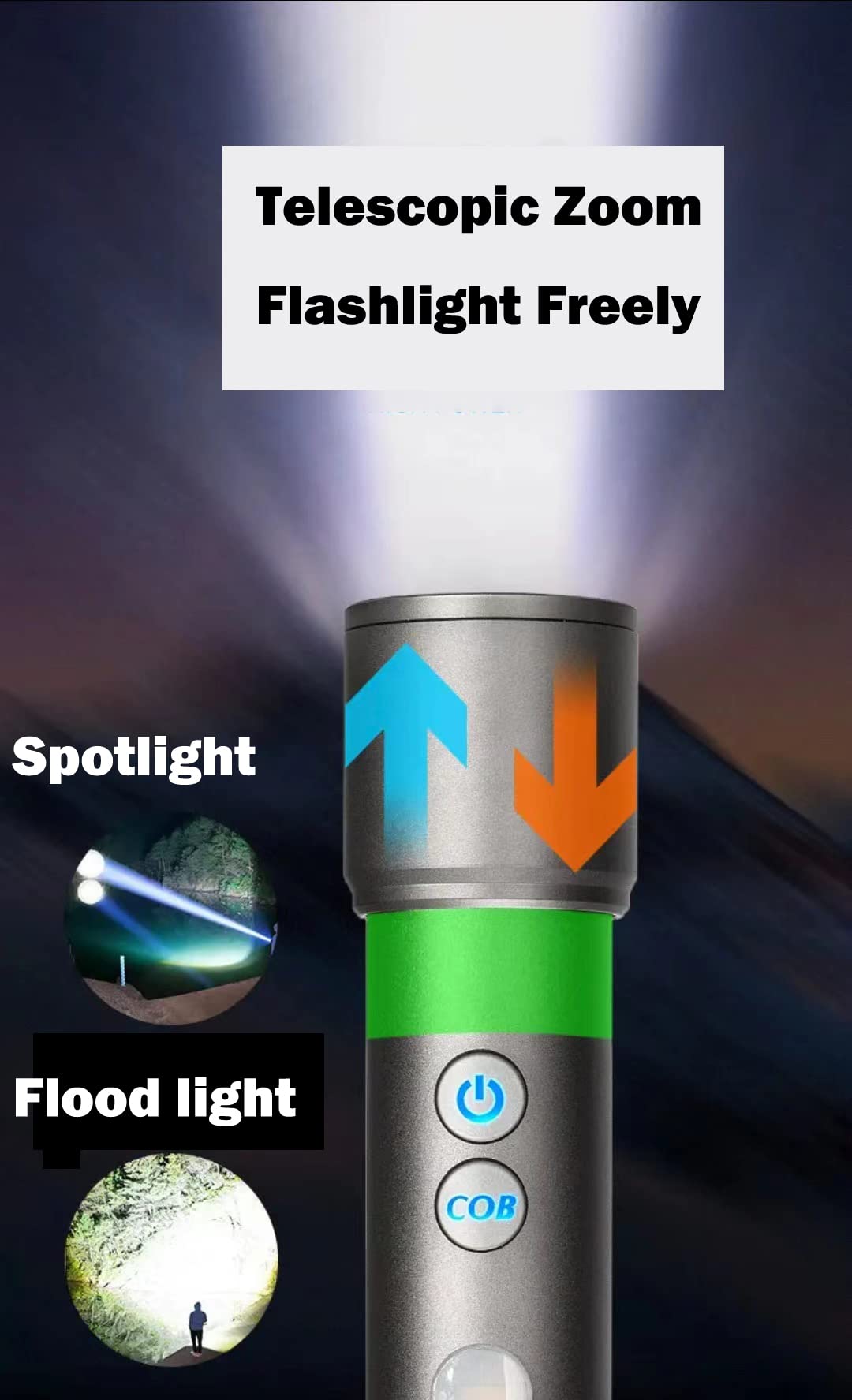poyoelf Zoomable Led Flashlight with COB Sidelight with Hook,Rechargeable EDC Small Lantern Flashlight,Waterproof,Tactical Portable Handheld Torch for Camping,Hiking,Emergency,Home Use(Black)
